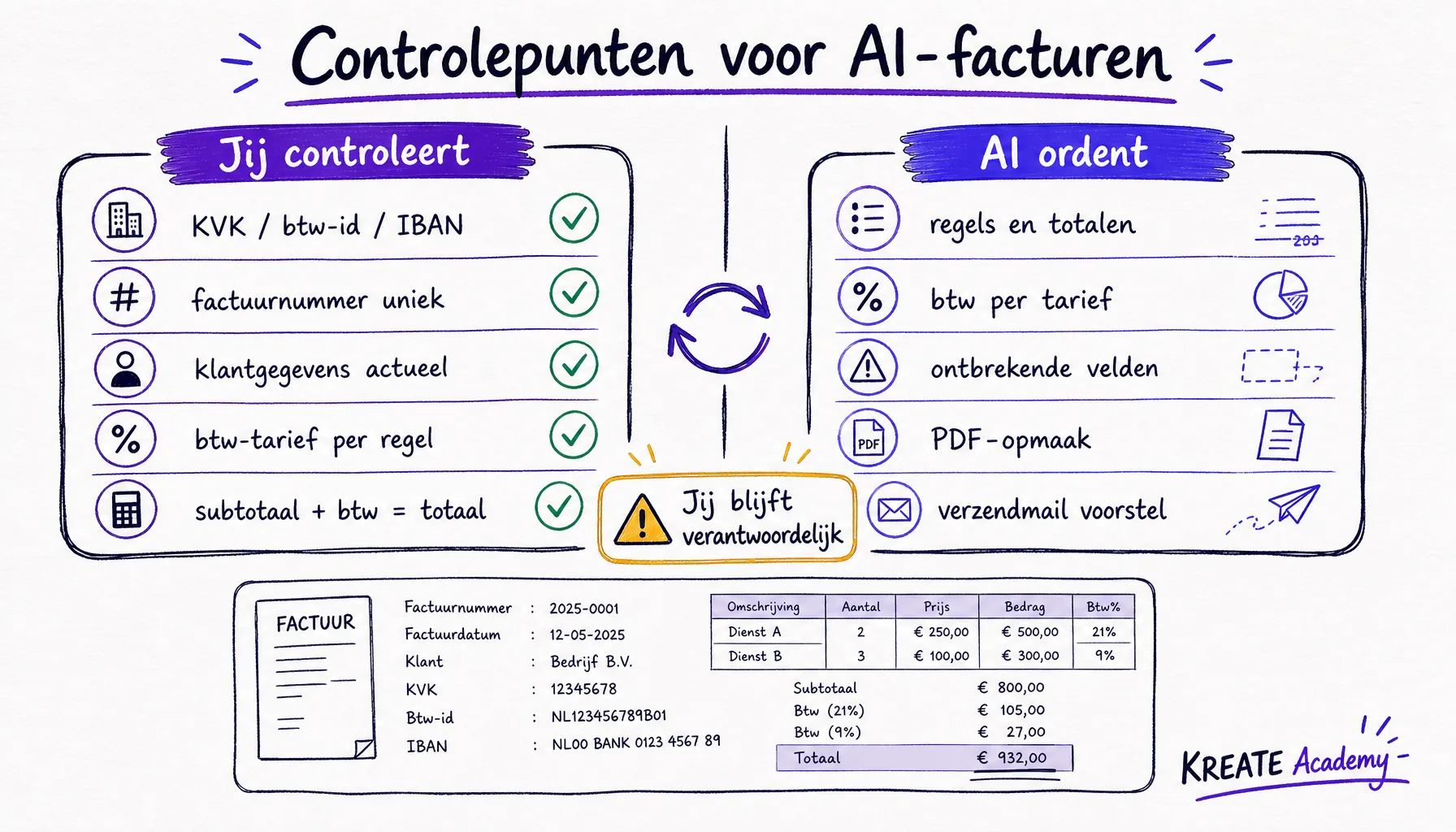 Handgetekend diagram met linkerkolom Jij controleert en rechterkolom AI ordent, met voorbeeldfactuur onderaan.