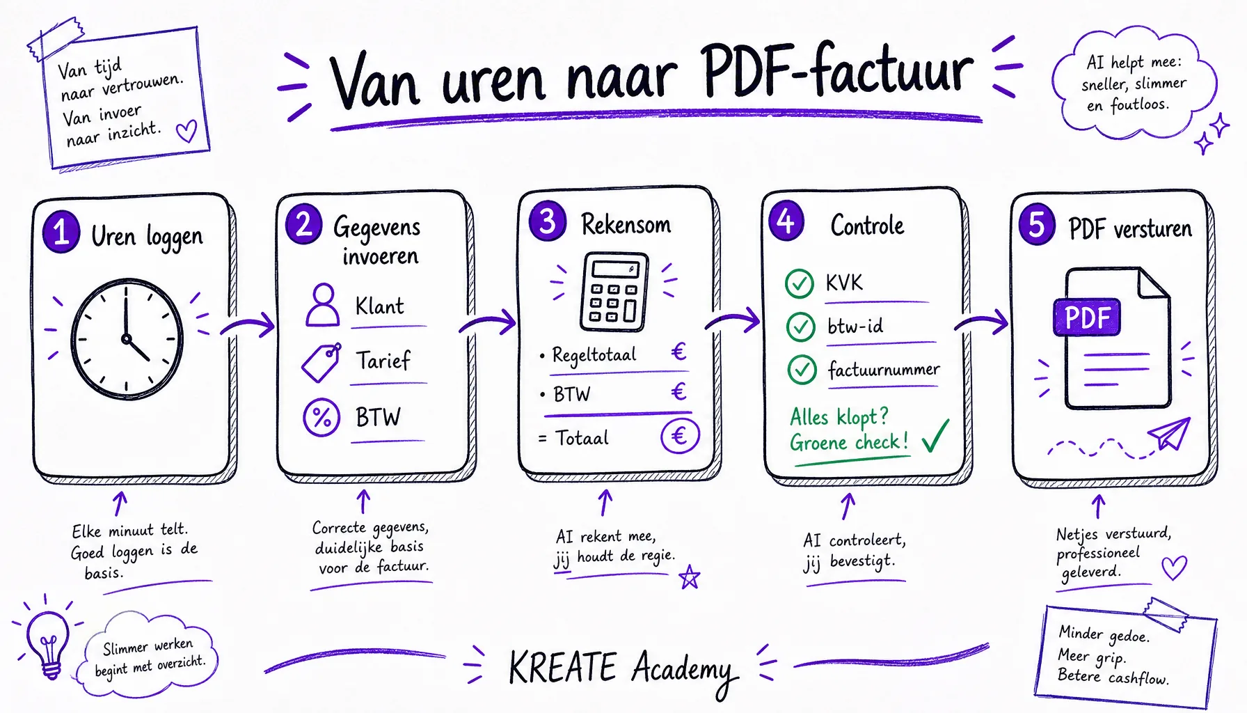 Handgetekend workflowdiagram met vijf stappen: uren loggen, gegevens invoeren, rekensom, menselijke controle en PDF-generatie.