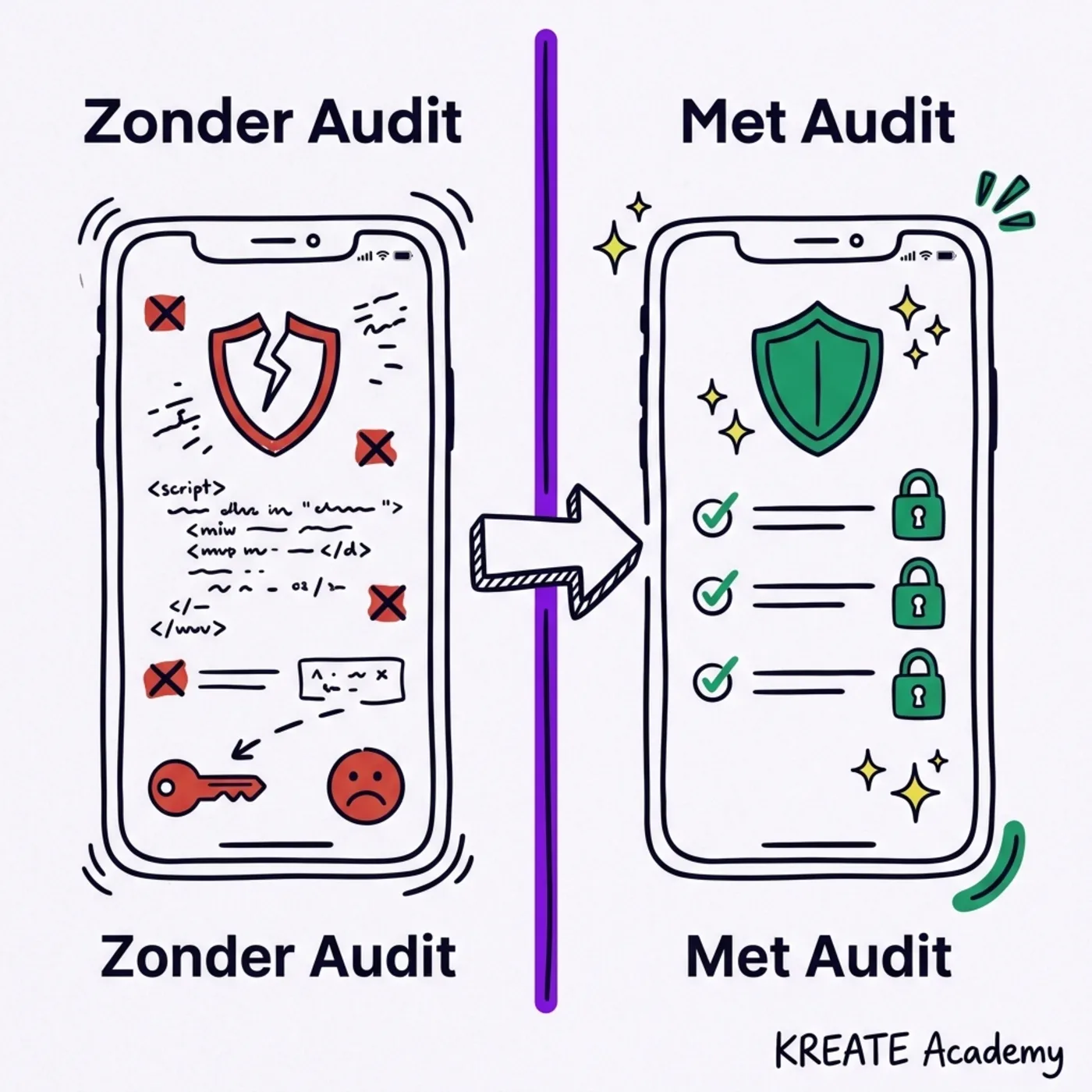 Hand-drawn before and after comparison of a vibe-coded app without audit versus a vibe-coded app with audit.