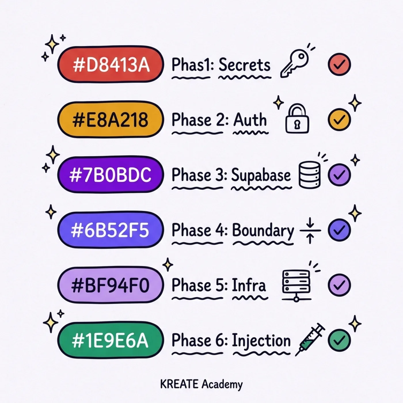 Hand-drawn checklist of the six AI security audit phases: Secrets, Auth, Supabase, Boundary, Infra and Injection.