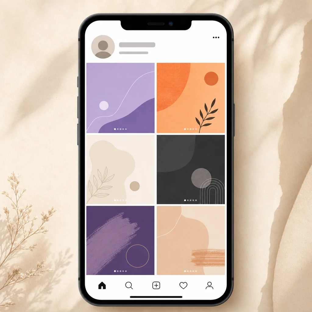 Instagram profiel mockup met 6 carousel slides in een grid van violet, oranje, beige en grijstinten