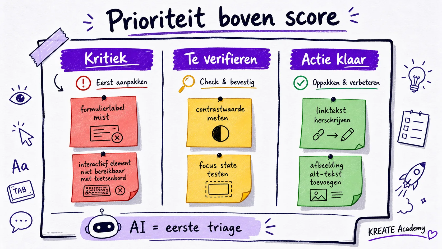 Handgetekend triagebord met kolommen voor kritieke problemen, te verifieren punten en actieklare toegankelijkheidsfixes.