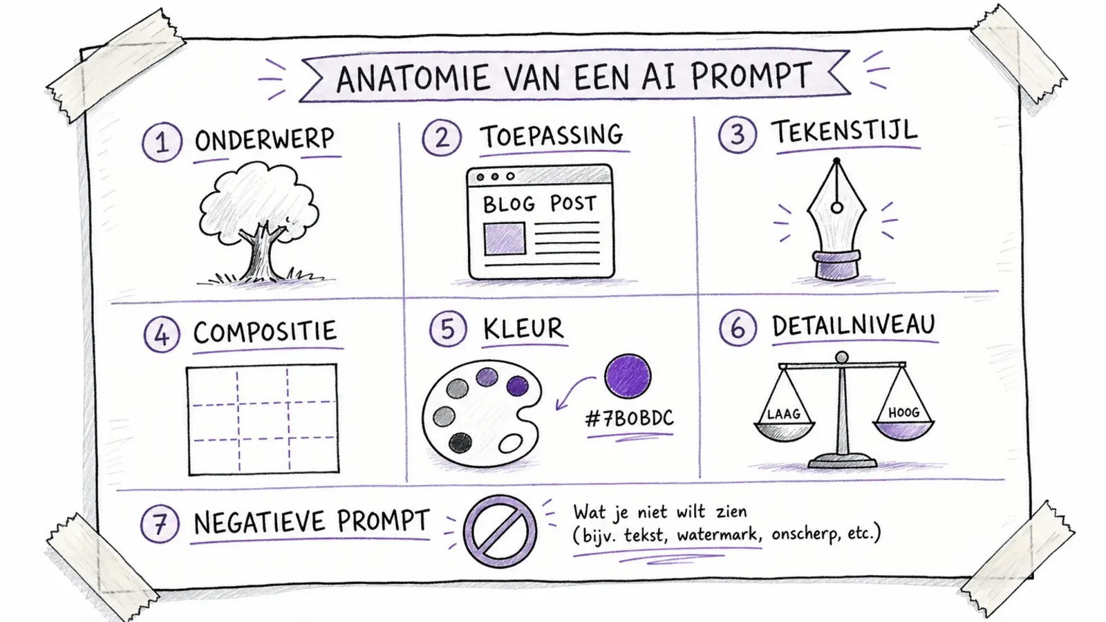 Handgetekende promptkaart met onderdelen: onderwerp, toepassing, tekenstijl, compositie, kleur, detailniveau en negatieve prompt.