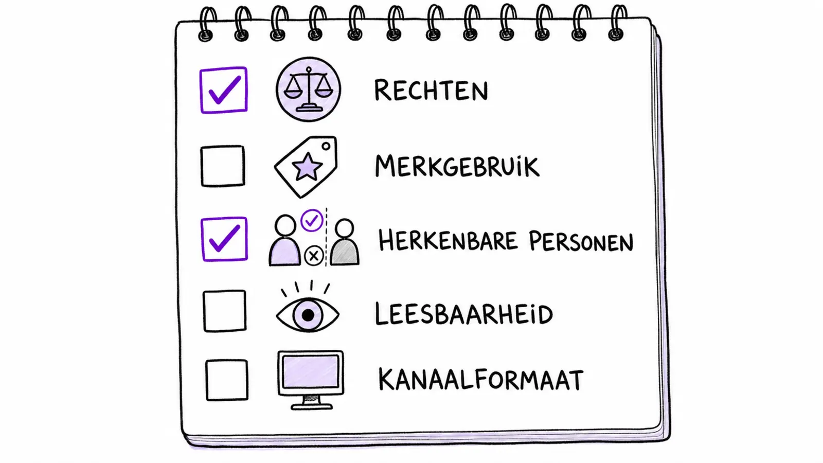 Handgetekende publicatiechecklist voor AI-tekeningen met vakjes voor rechten, merkgebruik, herkenbare personen, leesbaarheid en kanaalformaat.