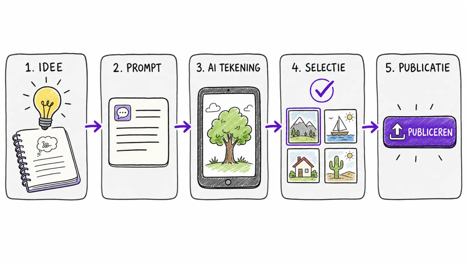Handgetekend workflowdiagram van idee naar prompt, AI-tekening, selectie en publicatiecheck voor een blogillustratie.