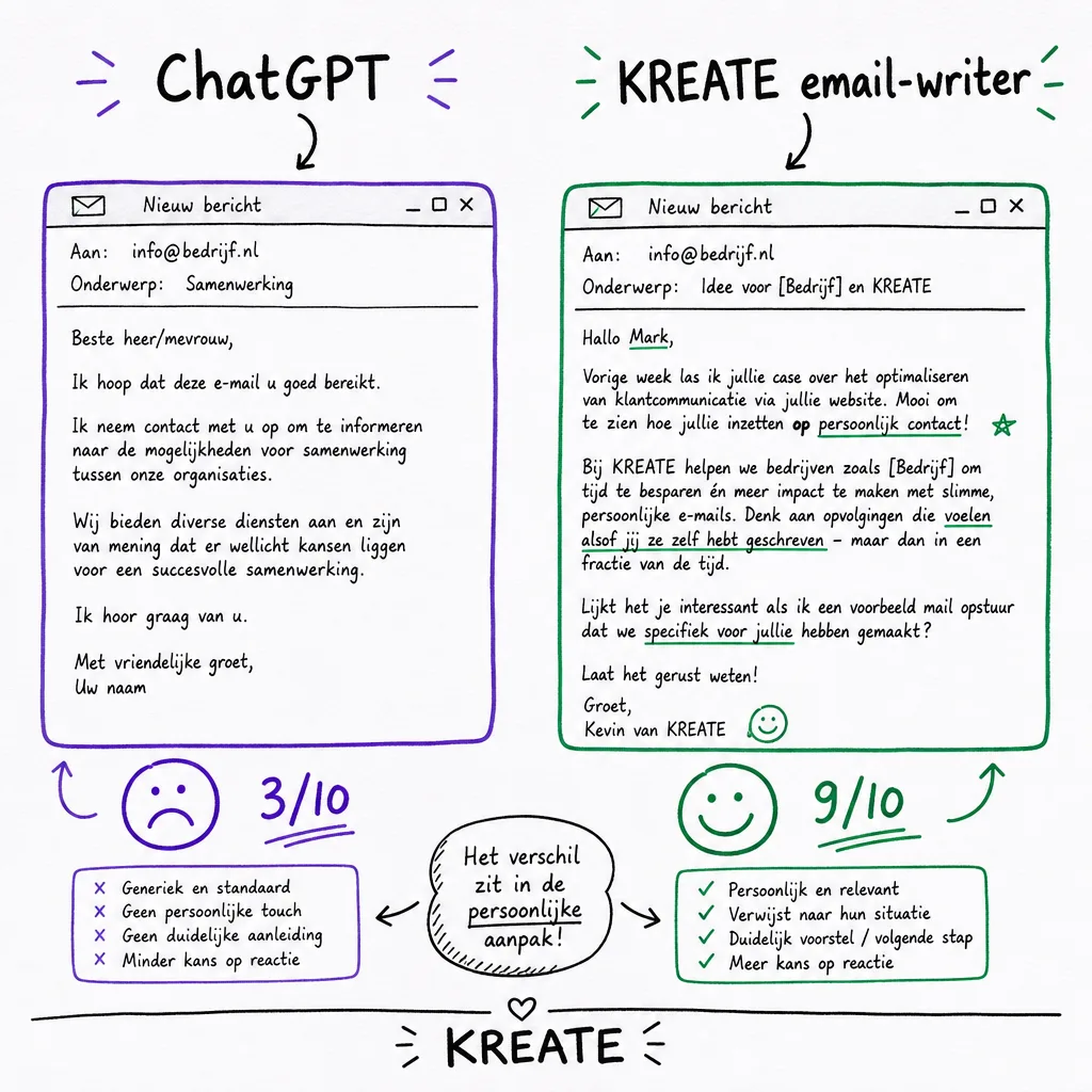 Side-by-side voorbeeld van een follow-up e-mail in ChatGPT versus de KREATE email-writer skill