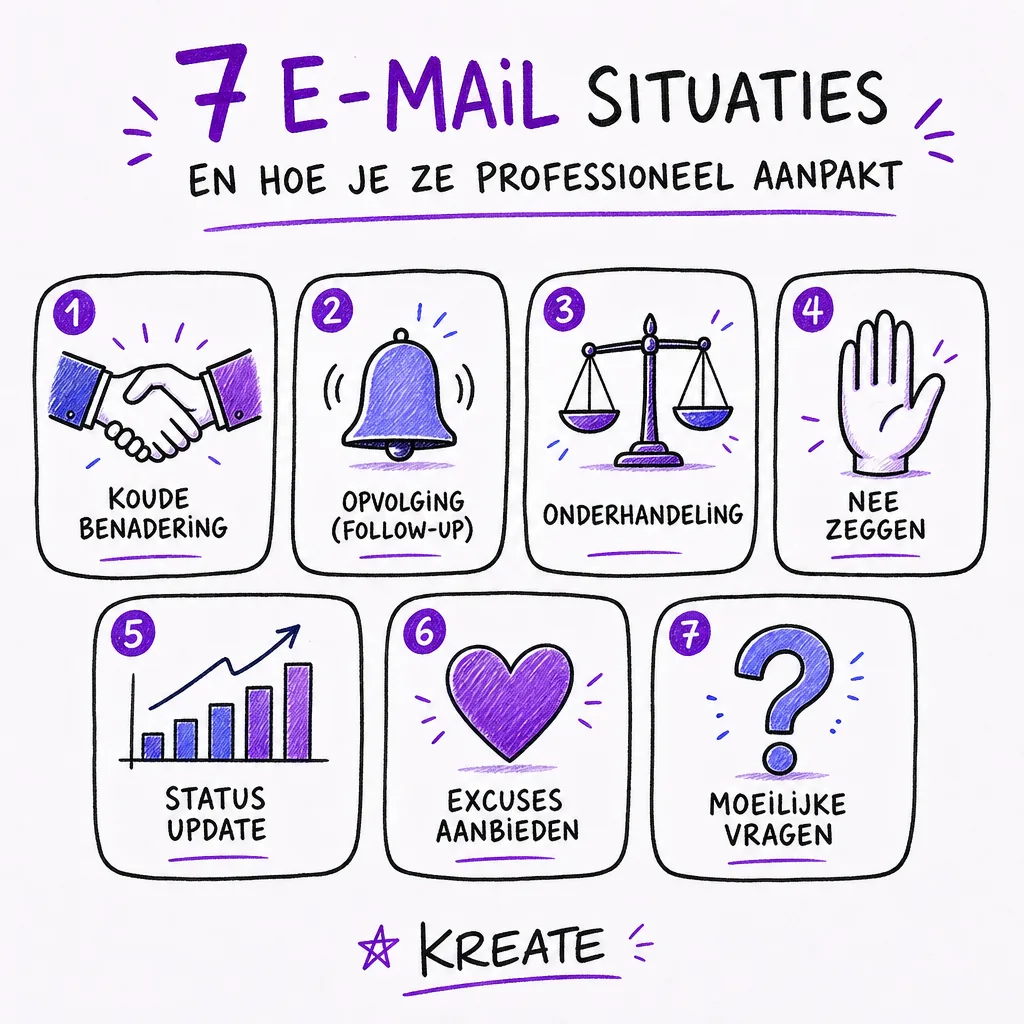 Overzicht van 7 e-mailsituaties: cold outreach, follow-up, onderhandeling, nee zeggen, statusupdate, excuses, lastige vragen