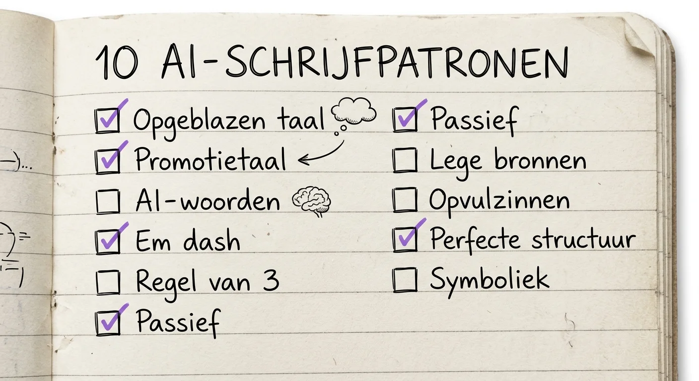 Handgetekende checklist met 10 AI-schrijfpatronen in KREATE paarse notitieboekstijl