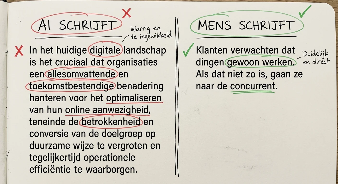 Handgetekende vergelijking tussen AI-tekst en menselijke tekst met rode en groene markeringen