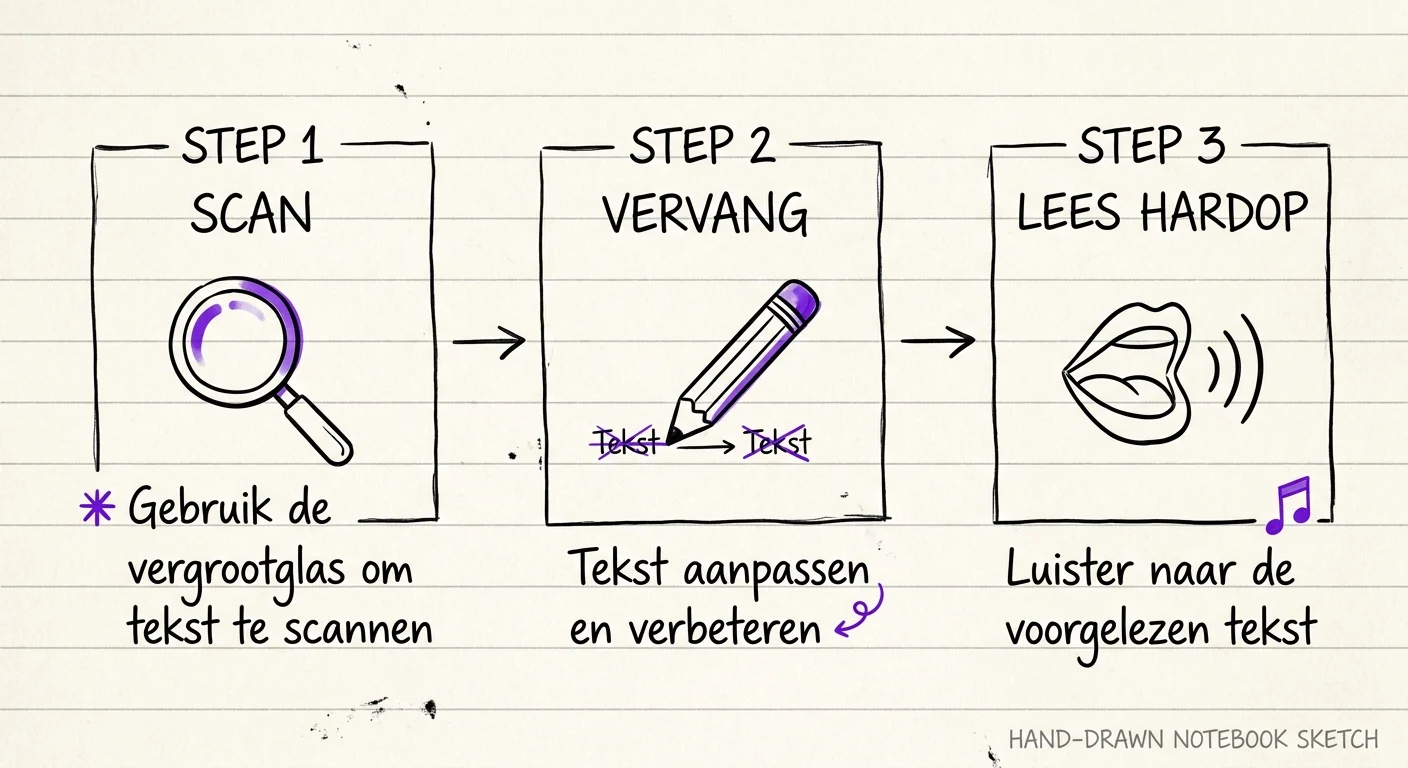 Handgetekend 3-stappen workflow diagram Scan Vervang Lees Hardop