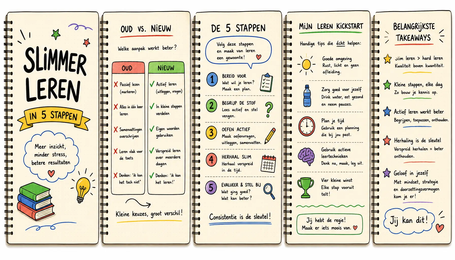 Complete AI notebook carousel met 5 slides: cover, vergelijking, stappenplan, lijst en takeaway in handgetekende stijl
