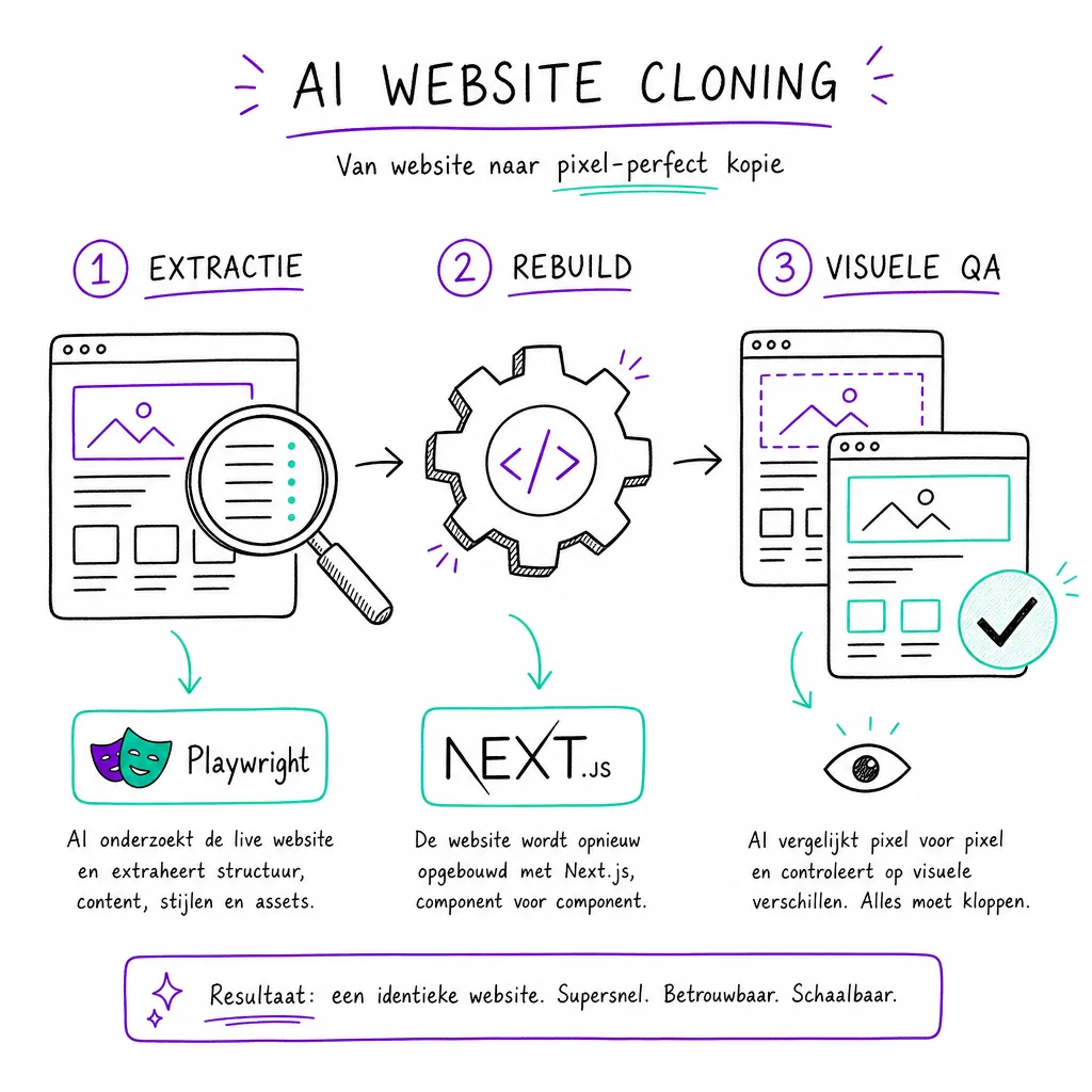Handgetekend diagram dat het AI website kloon proces in drie stappen toont: extractie, rebuild en visuele QA