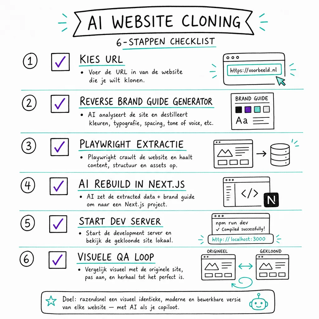 Handgetekende checklist met de zes stappen van het AI website kloon proces, met checkboxes en korte annotaties