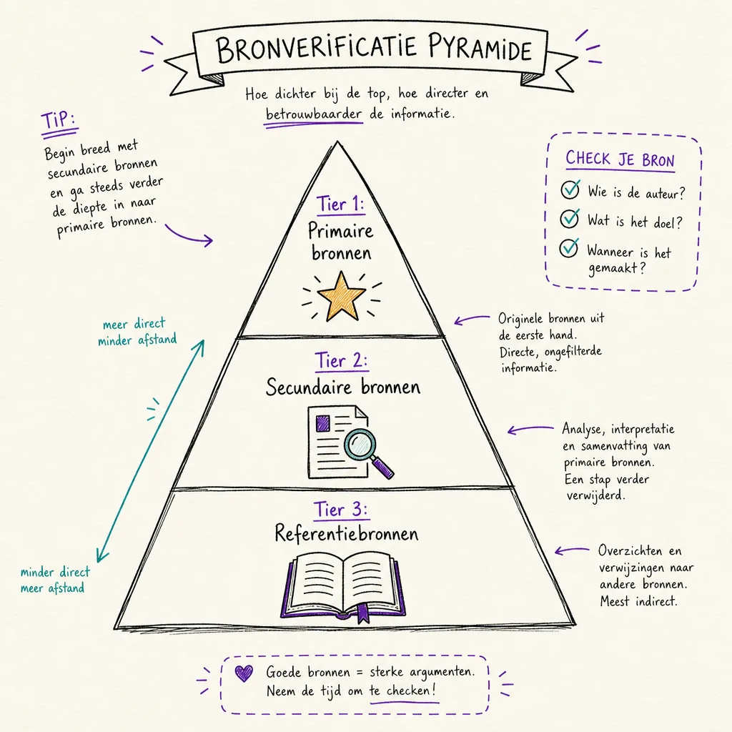 Drie-tier bronnenpiramide voor AI-rapportage: primaire bronnen, secundaire bronnen en referentiebronnen