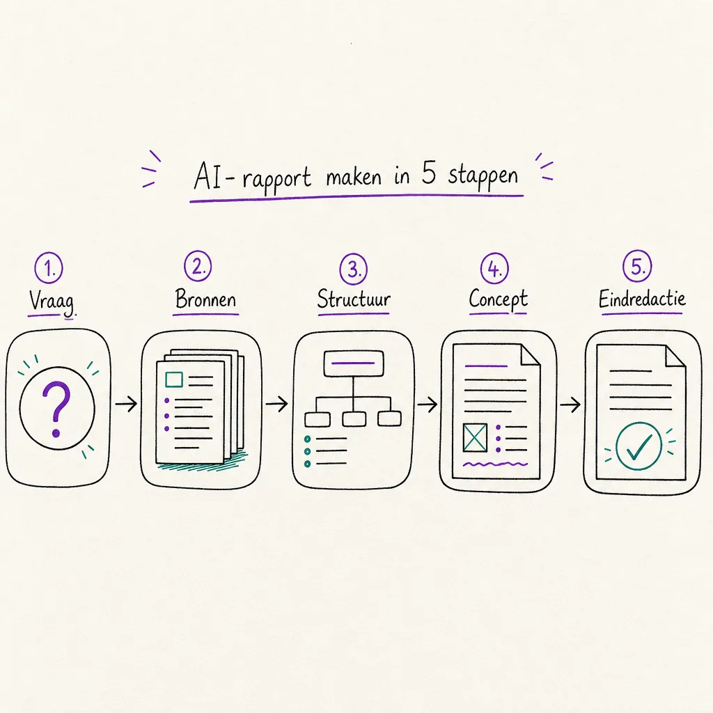 AI rapport workflow: van vraag naar bronnen naar structuur naar concept naar eindredactie