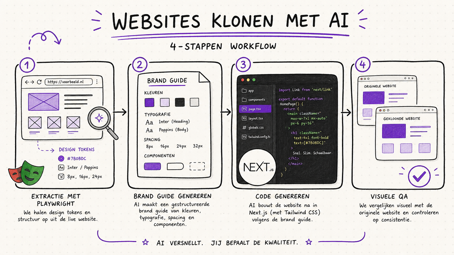 Vier-stappen workflow van de AI website kopieren skill: Playwright extractie, Reverse brand guide, Next.js rebuild, en Playwright visuele QA loop in KREATE Academy handgetekende stijl