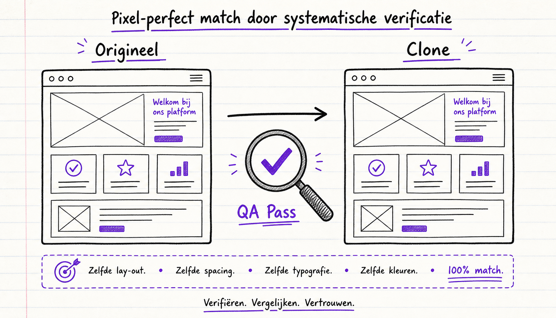 Before/after vergelijking van originele website en AI-gegenereerde pixel-perfecte clone met Playwright visuele QA in KREATE Academy stijl