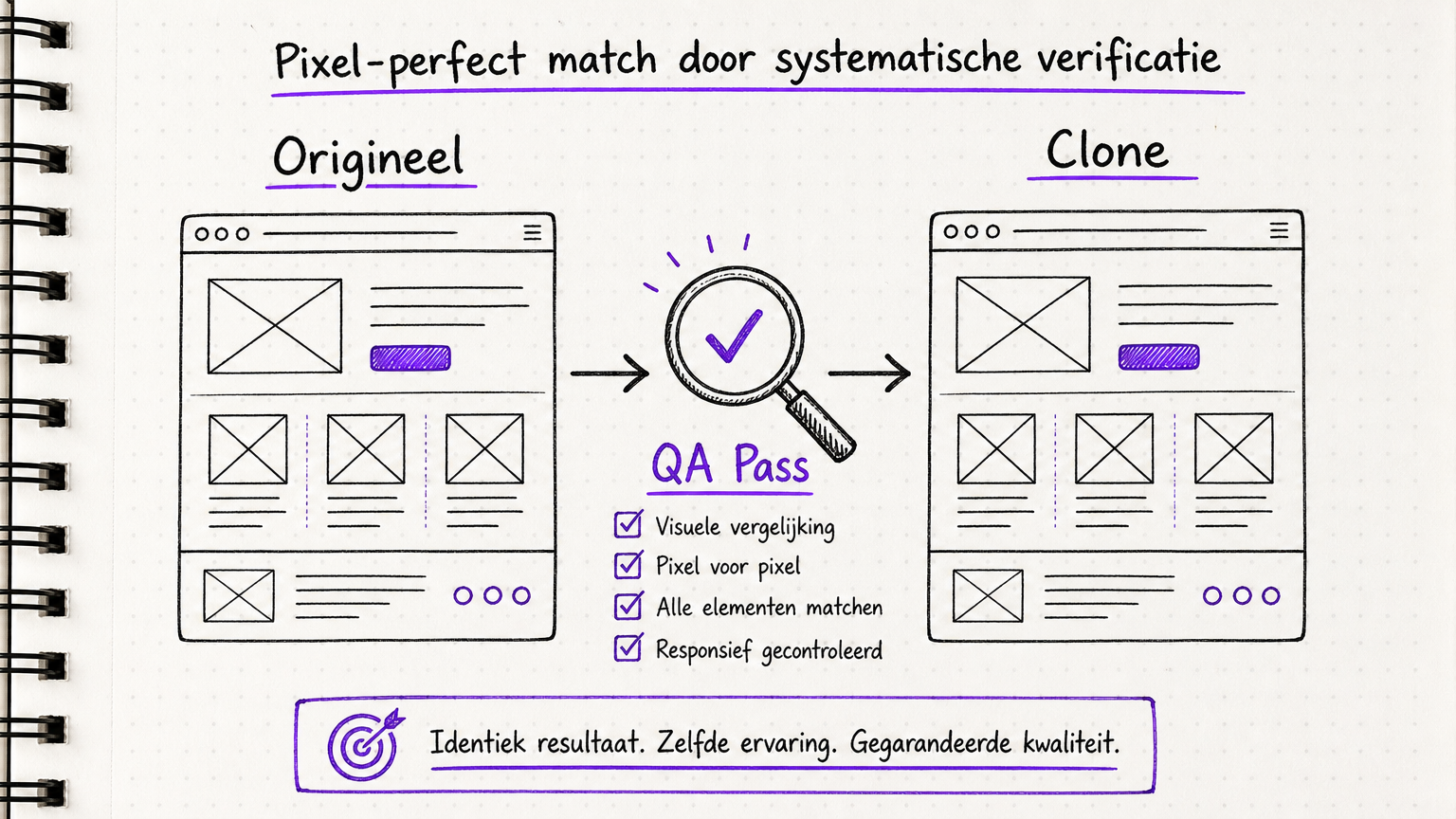 Before/after vergelijking van originele website en AI-gegenereerde pixel-perfecte clone met Playwright visuele QA in KREATE Academy stijl
