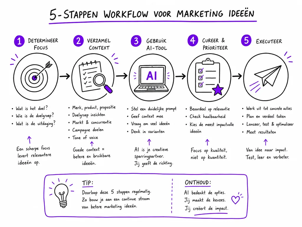 Vijf stappen in de AI marketing ideeen workflow: focus bepalen, context verzamelen, AI tool gebruiken, cureren en prioriteren, uitvoeren