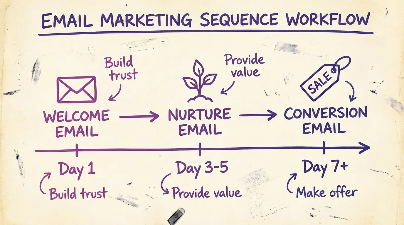 Handgetekende notebook illustratie van een e-mailsequence workflow met welkomstmail, nurture en conversie stappen