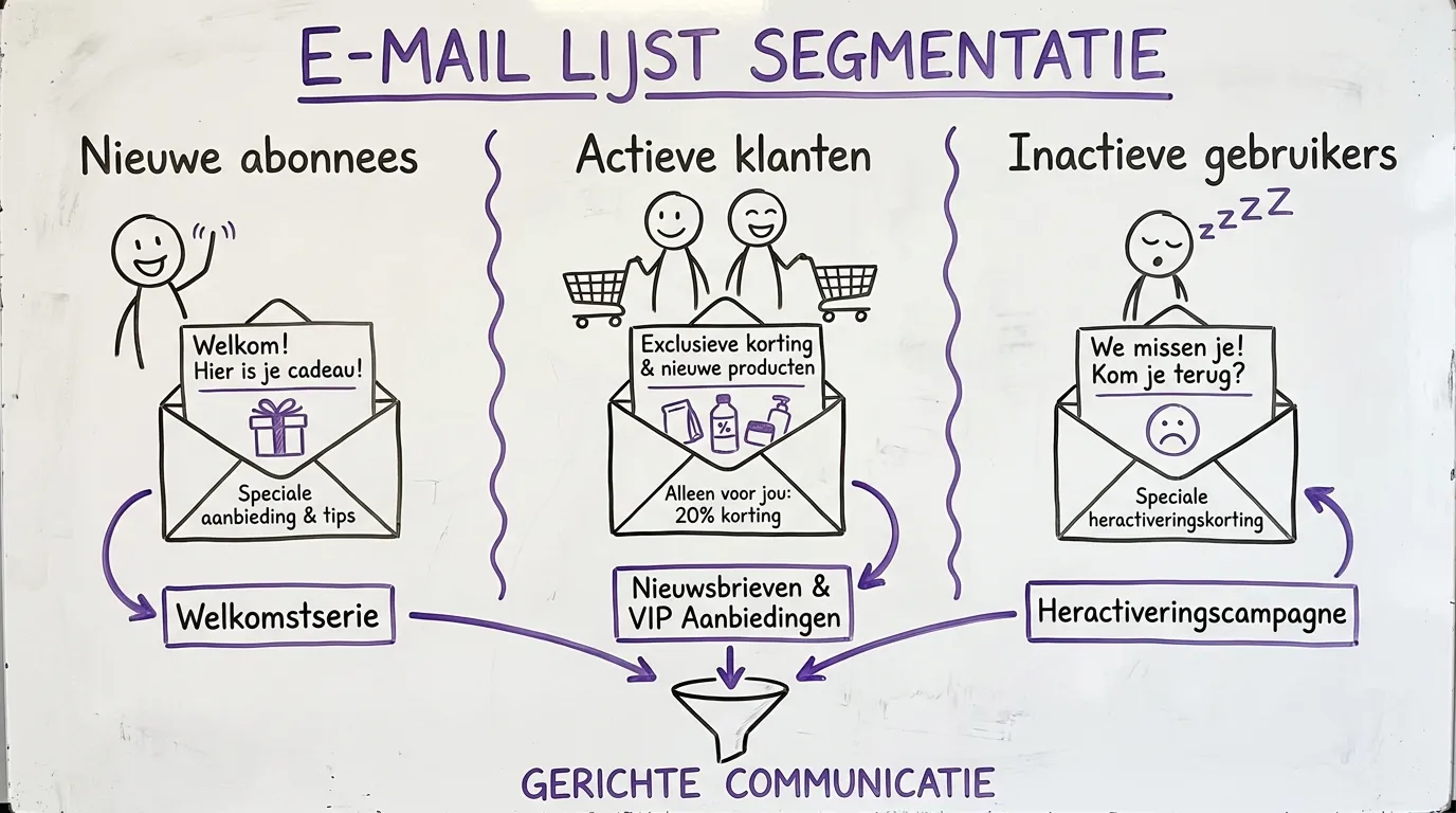 Handgetekende notebook illustratie van e-mailsegmentatie met behavioural, demographic en lifecycle segmenten