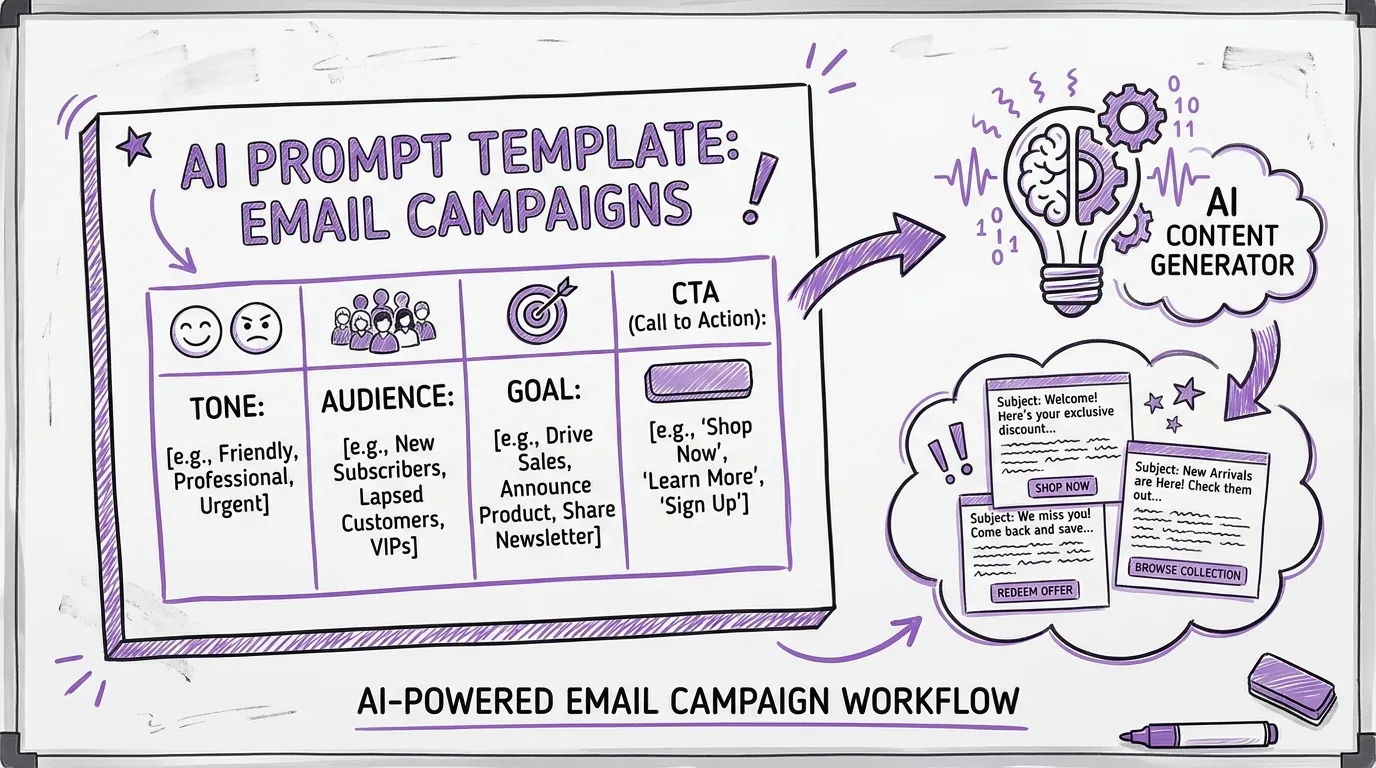 Handgetekende notebook illustratie van een AI prompt voor e-mailcampagnes met uitleg over de onderdelen